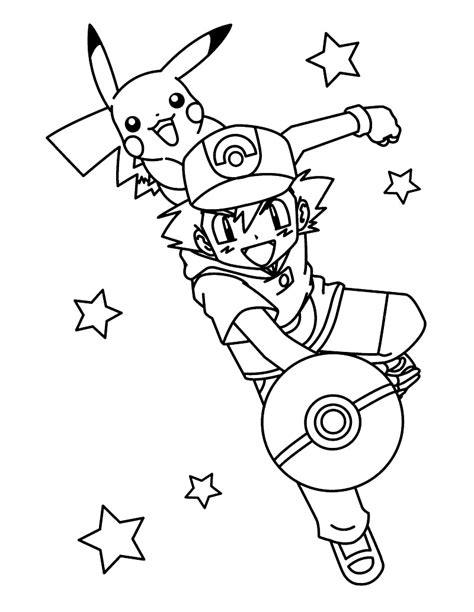 Ash Ketchum and Pikachu Throwing Pokeball Coloring Page - Anime Coloring Pages