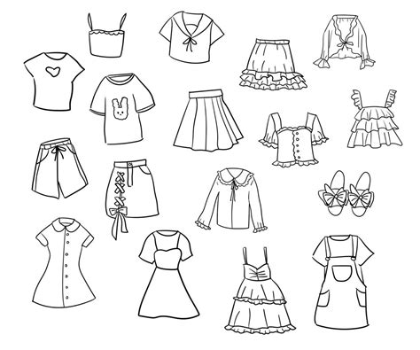 Set of black and white hand-drawn doodle style young girl clothes. Cute ...