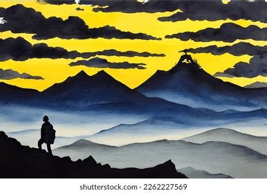 Silhouette Man On Top Mountain Beautiful Stock Vector (Royalty Free) 2262227569 | Shutterstock