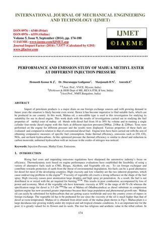 PERFORMANCE AND EMISSION STUDY OF MAHUA METHYL ESTER AT DIFFERENT INJECTION PRESSURE | PDF