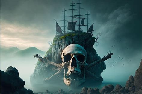 Premium Photo | Giant pirate skull, ghost island in the background. generative ai