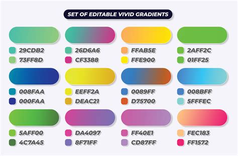 Set of green, blue, yellow, purple and neon vivid gradients with HEX ...