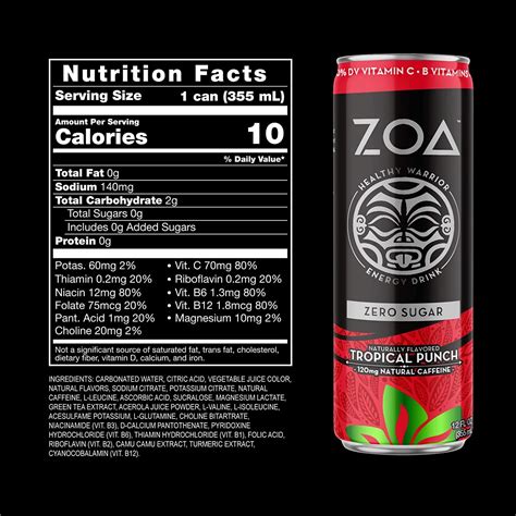 ZOA Sugar Free Tropical Punch Energy Drink - 12 Pack | Healthy Energy with B Vitamins & Amino Acids