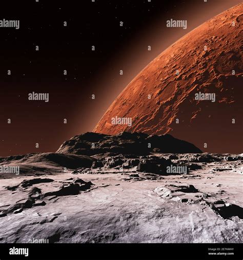 Mars view from Phobos moon surface, 3D illustration Stock Photo - Alamy