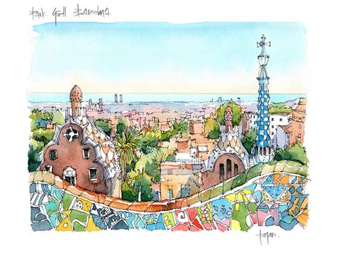 Park Guell Illustration, Gaudí Watercolor, Park Guell Painting ...