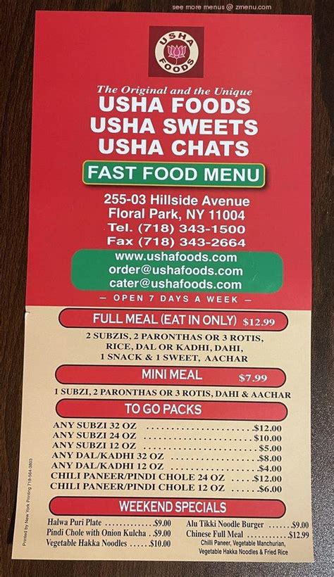 Online Menu of Usha Foods Restaurant, Floral Park, New York, 11004 - Zmenu