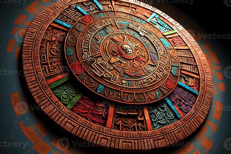 Close view of the ancient Aztec mayan calendar with round pattern and relief on stone surface ...