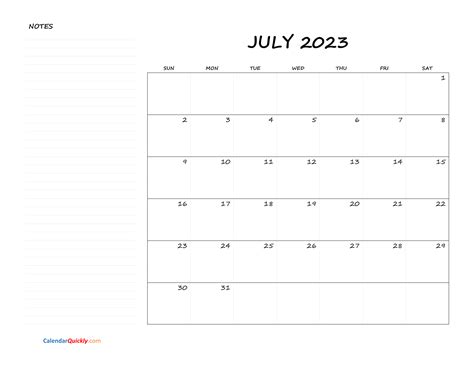 July Blank Calendar 2023 with Notes | Calendar Quickly