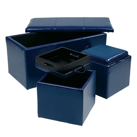 3 Piece Blue Bonded Leather Ottoman Set - Walmart.com