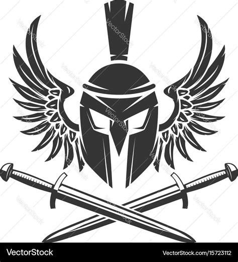 Spartan helmet with crossed swords and wings Vector Image