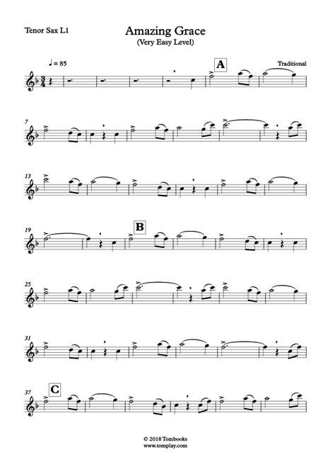 Amazing Grace (Very Easy Level, Tenor Sax) (Traditional) - Saxophone Sheet Music