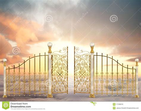 Photo about Pearly gates of heaven opening to a high altitude sunrise between two layers of ...