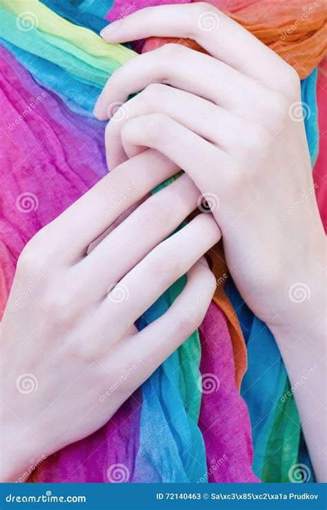 Close Up of Woman Elegant Thin Hands Long Fingers Holding Scarf Stock ...