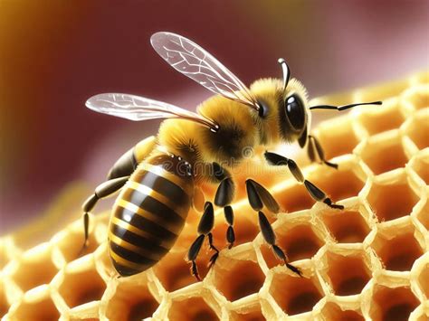 A Bee Harvesting Honey in a Beehive is Seen in Detail in a Macro Shot. Stock Illustration ...