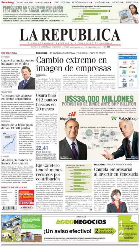 Portada del periódico La Republica (Colombia). Todos los periódicos de ...