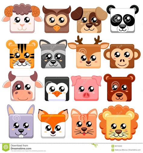 Cute cartoon animals head squar shape. bear, cat, dog, pig, rabbit ...