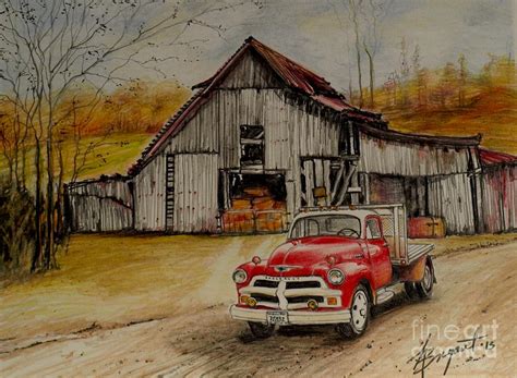 1954 Chevy Truck And Barn Drawing by Jackie Bryant