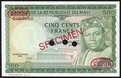 Mali banknotes 500 Francs banknote of 1960, Modibo Keïta.