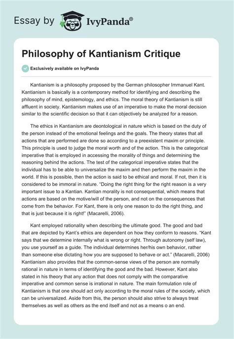 Philosophy of Kantianism Critique - 590 Words | Essay Example