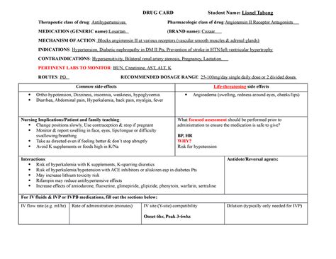 Losartan Drug Card - DRUG CARD Student Name: Lionel Tabong Therapeutic ...