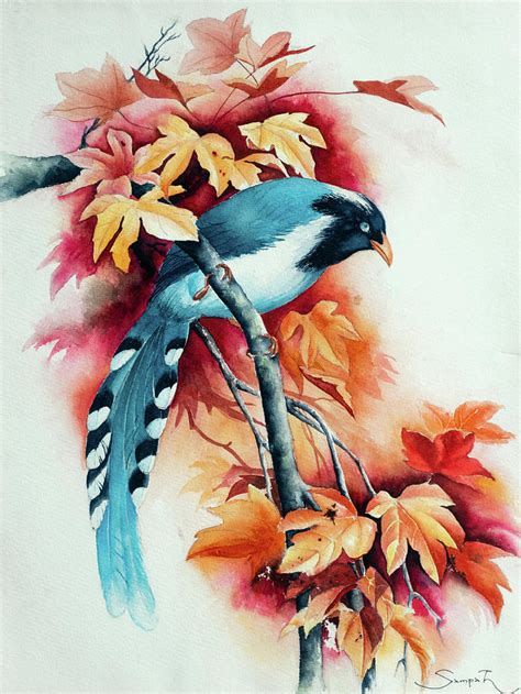 Blue bird on tree branch Drawing by Nilanka Sampath - Fine Art America