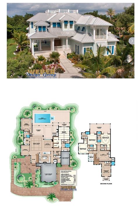 Beach House Plan: 2 Story Coastal Home Floor Plan with Cabana | Beach house floor plans, Coastal ...