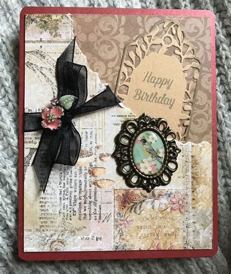 Vintage style birthday card with ribbon, jewel and brass cameo ...