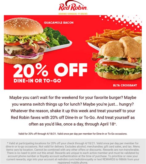 20% off at Red Robin restaurants #redrobin | The Coupons App®