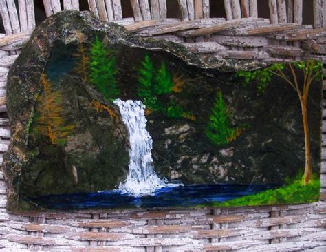 Rock painting art, Painting scenery, Painting waterfall