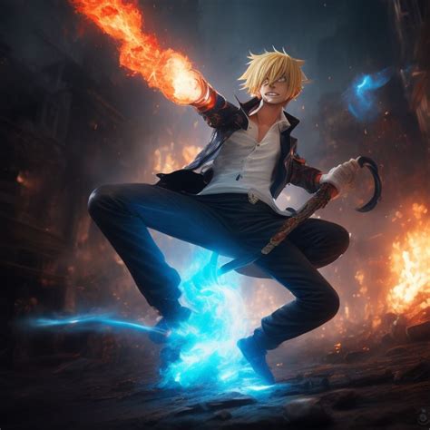 flaky-bison646: Sanji from One piece kick a person with blue fire on his leg