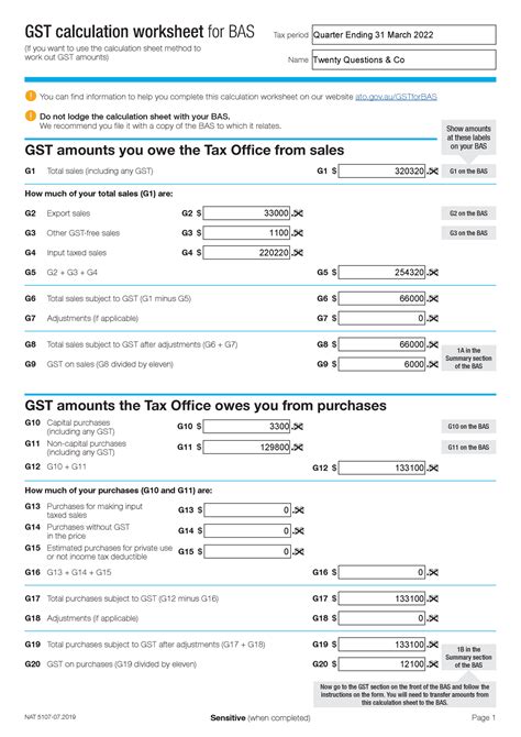 GST calculation worksheet for BAS - NAT 5107-07 Sensitive (when ...