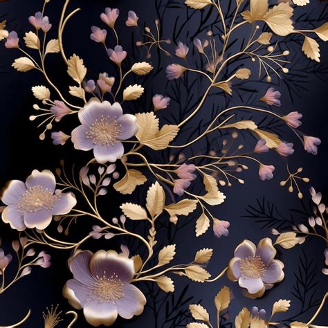 Premium Photo | A purple and gold floral wallpaper with flowers and leaves.