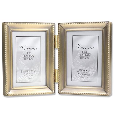 Antique Gold Brass Hinged Double 2x3 Picture Frame - Beaded Edge Design, Traditional brass metal ...