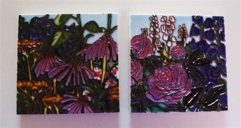 2 Floral Flower Rose Garden Relief 3D Hand Painted 4X4 Ceramic Tiles ...