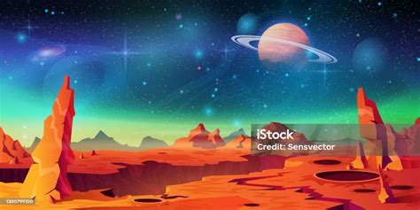 Mars Surface Landscape Alien Planet Background Saturn On Starry Sky ...