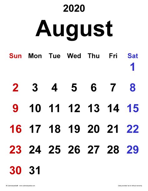 August 2020 Calendar | Templates for Word, Excel and PDF