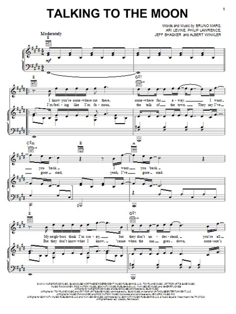 Talking To The Moon sheet music by Bruno Mars (Piano, Vocal & Guitar (Right-Hand Melody) – 77963)