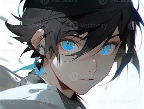 anime boy with blue eyes and black hair staring at the camera ...