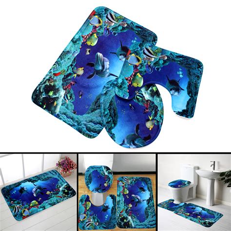 3pcs Blue Ocean Bath Rugs Set Velvet Fabric Pedestal Mat Toilet Set ...