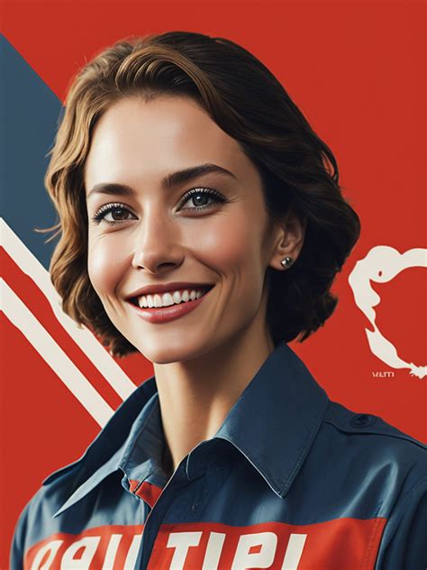 Lumenor AI Image Generation - poster of woman with flag smile looking at camera soviet union