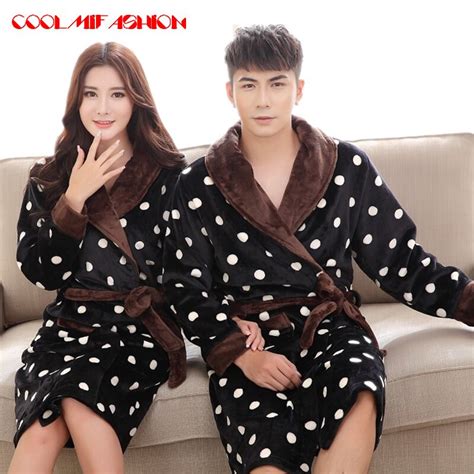 Couples Winter Warm Flannel Bath Robes warm sweetheart Coral Fleece Dressing Gowns Mid Calf ...