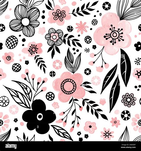 Floral seamless pattern design. Hand drawn doodle flowers and leaves. Color palette living coral ...