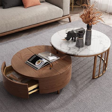 White&Walnut Round Nesting Coffee Table with Storage Rotating Top in ...