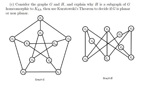 Consider the graphs G and H, and explain why H is subgraph of G homeomorphic to K3,3. then use ...