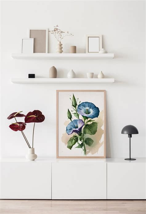 Blue Morning Glory Flower Watercolor Painting Floral Blossom Background Wall Decoration ...