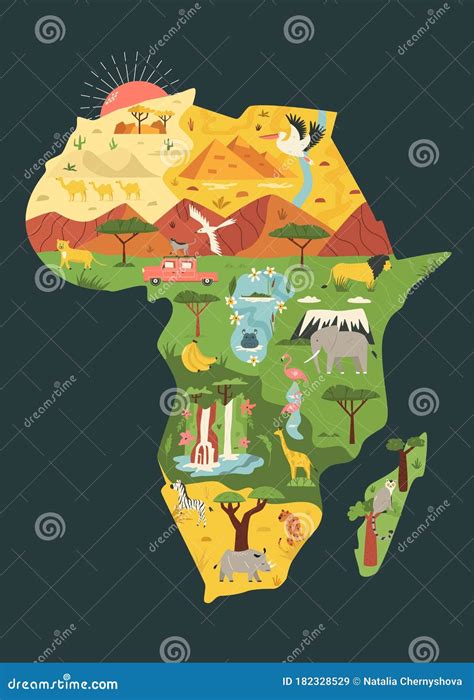 Map of Africa with Famous Natural Landmarks and Animals Stock Vector ...