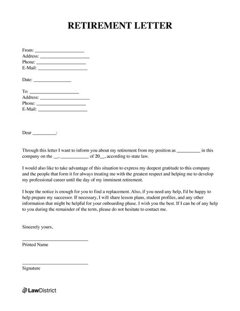 Free Retirement Resignation Letter Template | Samples & PDF | LawDistrict