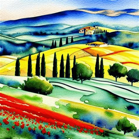 Tuscany Landscape Watercolor Painting · Creative Fabrica