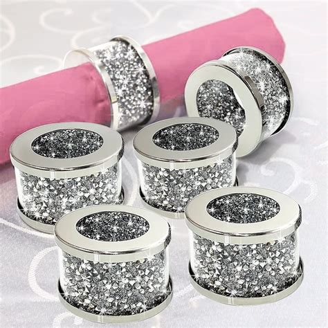 SHYFOY Napkin Rings Set of 6 Bulk Silver Diamond Cloth Napkin Holder ...