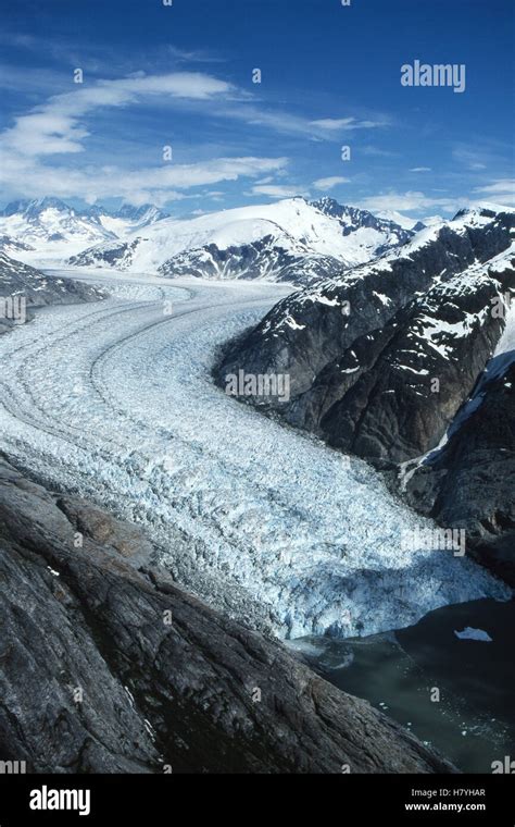 Glacier showing lateral, medial, and terminal moraine in glacial valley ...